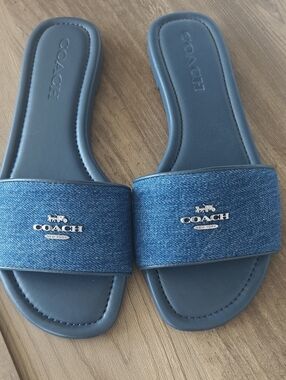 Coach Denim Slide Sandals with Silver Hardware